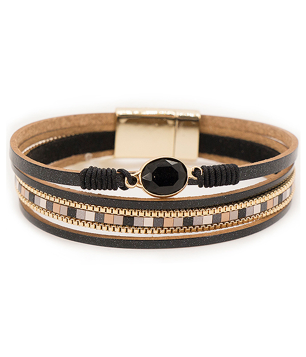 FACET STONE AND MULTI LAYER LEATHERETTE MAGNETIC BRACELET