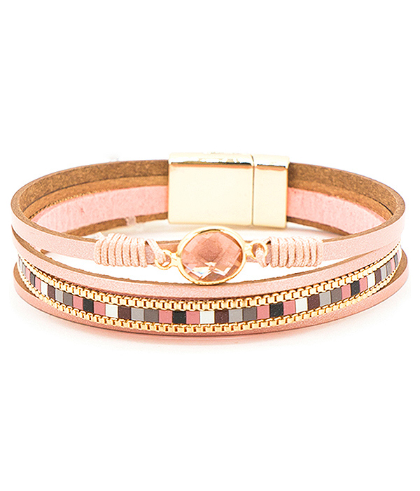 FACET STONE AND MULTI LAYER LEATHERETTE MAGNETIC BRACELET