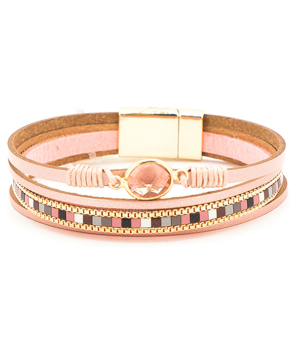 Facet stone and multi layer leatherette magnetic bracelet