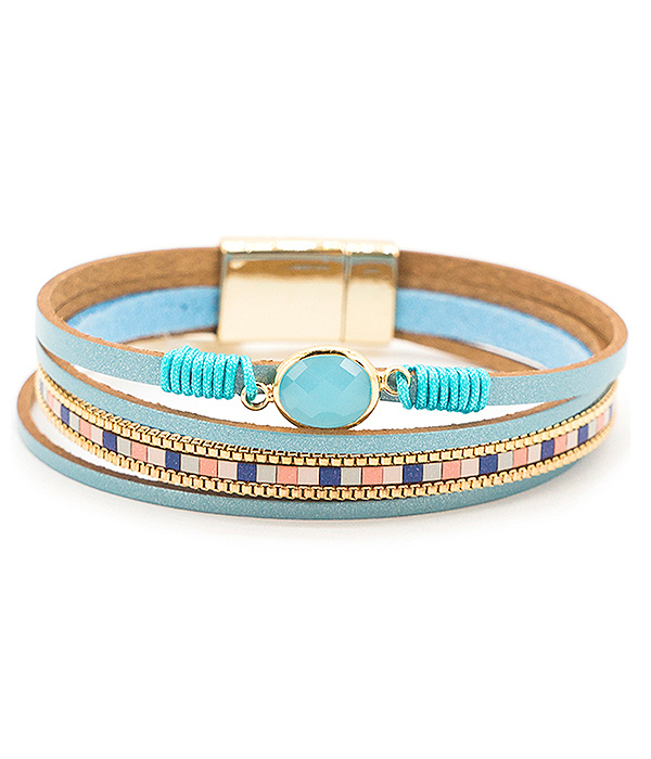 Facet stone and multi layer leatherette magnetic bracelet