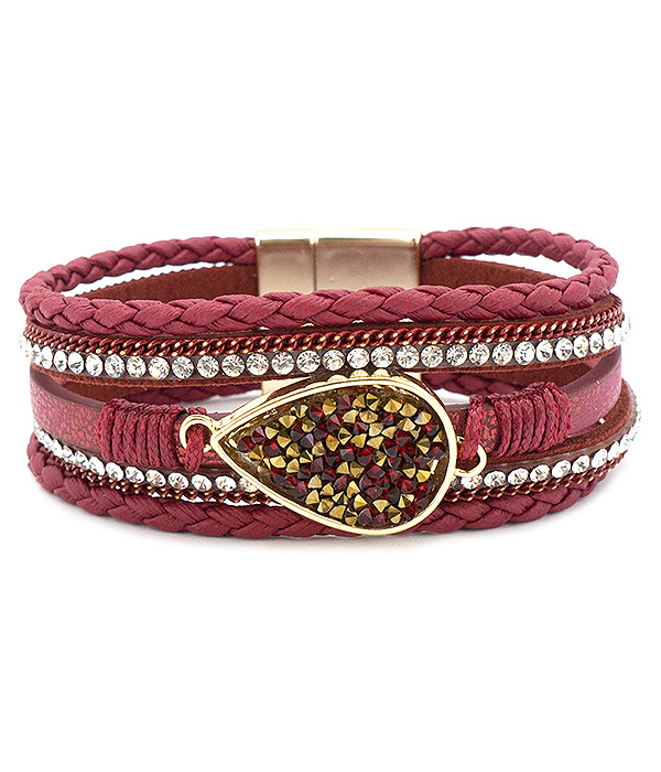 Teardrop druzy and multi layer leatherette magnetic bracelet