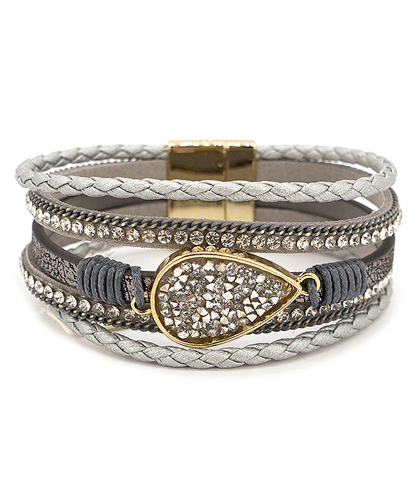 TEARDROP DRUZY AND MULTI LAYER LEATHERETTE MAGNETIC BRACELET