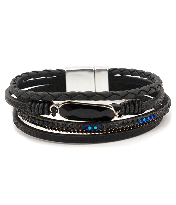 FACET OVAL STONE AND MULTI LAYER LEATHERETTE MAGNETIC BRACELET