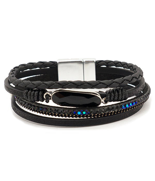 Facet oval stone and multi layer leatherette magnetic bracelet