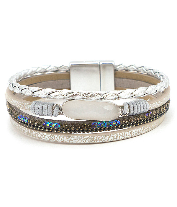 FACET OVAL STONE AND MULTI LAYER LEATHERETTE MAGNETIC BRACELET