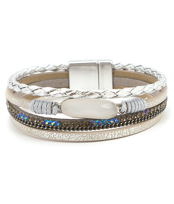 Facet oval stone and multi layer leatherette magnetic bracelet