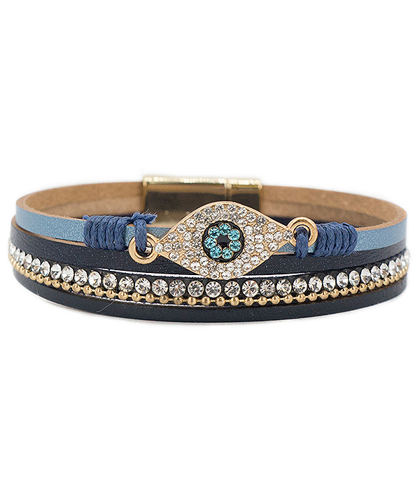 Crystal evileye and multi layer leatherette magnetic bracelet