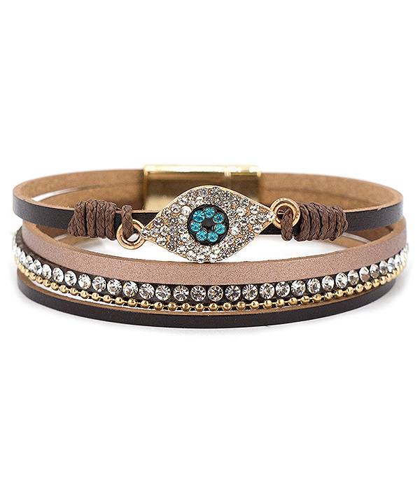 Crystal evileye and multi layer leatherette magnetic bracelet