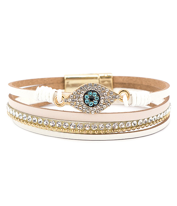 Crystal evileye and multi layer leatherette magnetic bracelet