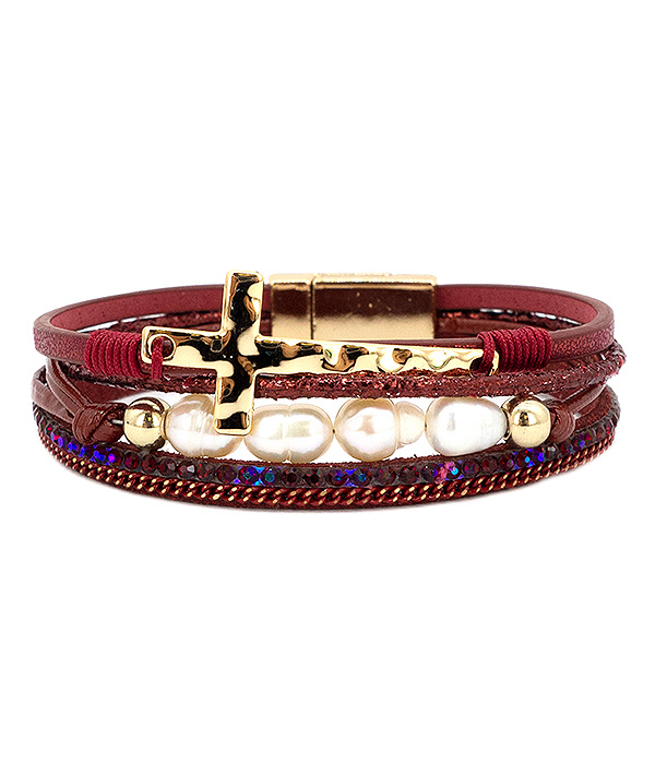 Metal cross and freshwater pearl mix multi layer leatherette magnetic bracelet