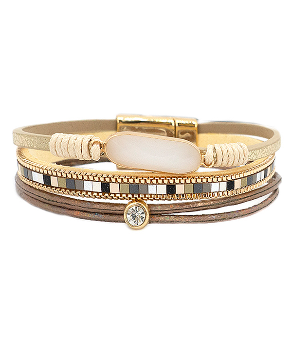 FACET STONE AND MULTI LAYER LEATHERETTE MAGNETIC BRACELET