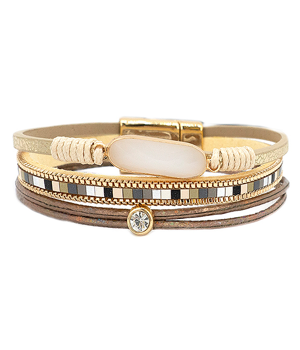 Facet stone and multi layer leatherette magnetic bracelet