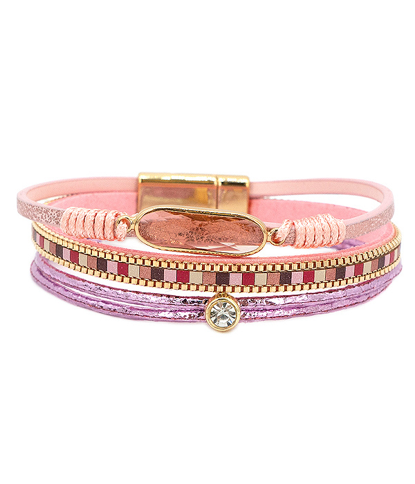 Facet stone and multi layer leatherette magnetic bracelet