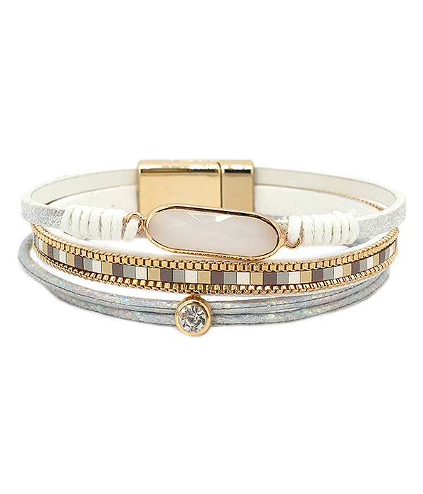 Facet stone and multi layer leatherette magnetic bracelet