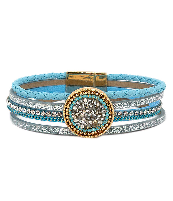 Crystal mix disc and multi leatherette magnetic bracelet