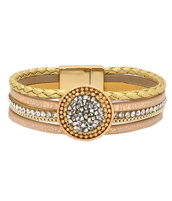 Crystal mix disc and multi leatherette magnetic bracelet