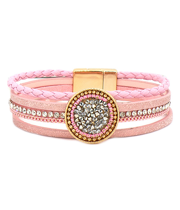 Crystal mix disc and multi leatherette magnetic bracelet