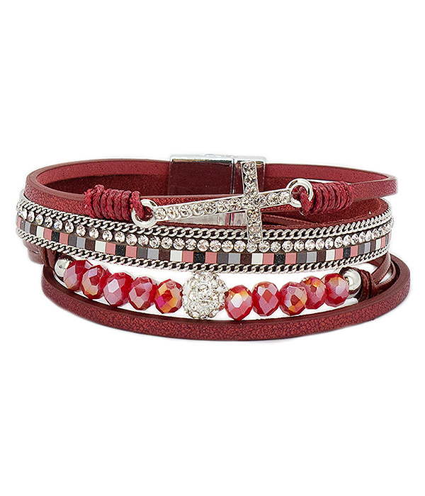 Multi facet stone and crystal cross multi leatherette band magnetic bracelet