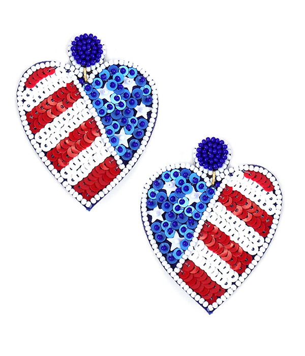 HANDMADE MULTI SEEDBEAD AND SEQUIN PATRIOTIC THEME HEART EARRING - AMERICAN FLAG