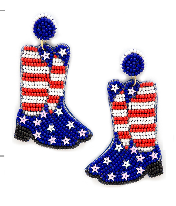 HANDMADE MULTI SEEDBEAD PATRIOTIC THEME BOOT EARRING - AMERICAN FLAG