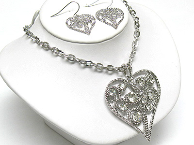 Metal casting big heart pendant neckalce and earring set