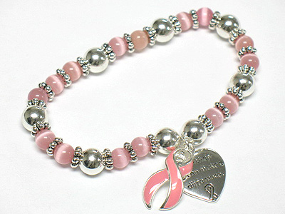 Breast cancer awareness pink ribbon charm stretch bracelet