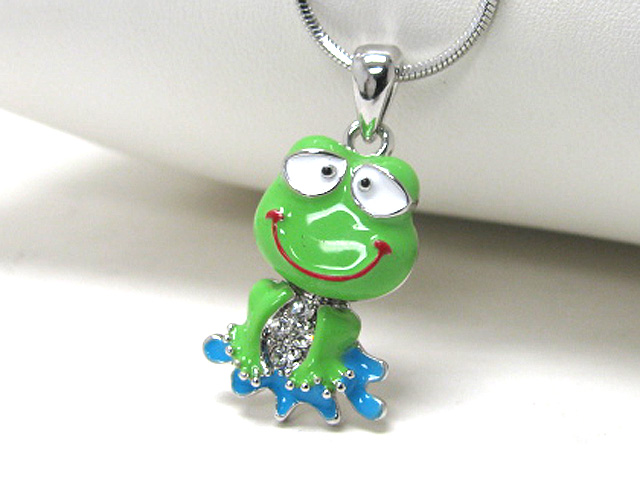 Made in korea whitegold plating crystal stud metal epoxy cartoon frog pendant necklace