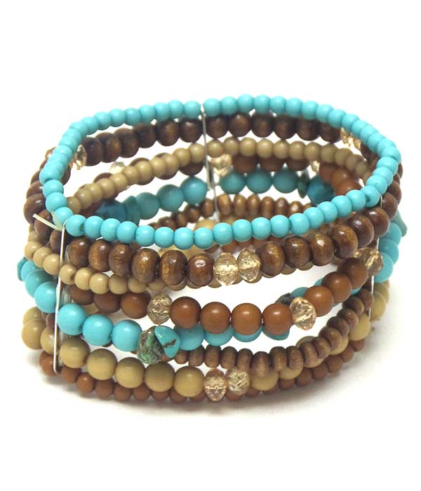 Turquoise and wood ball bead multi stretch bracelet