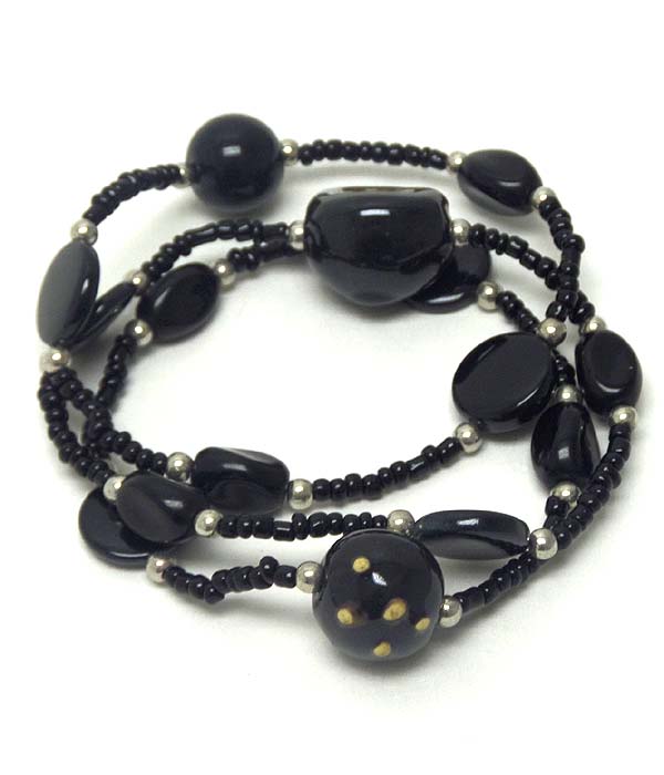 CERAMIC BALL AND SEED BEAD STRETCH BRACELET SET OF 3