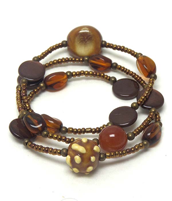 Ceramic ball and seed bead stretch bracelet set of 3