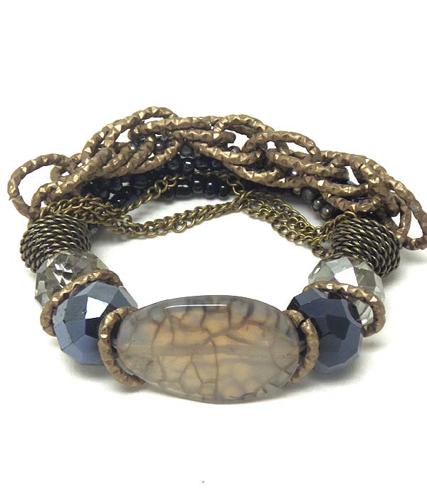 Natural stone and multi chain mix stretch bracelet