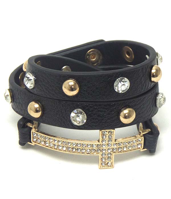 Crystal cross and leatherette wrap bracelet