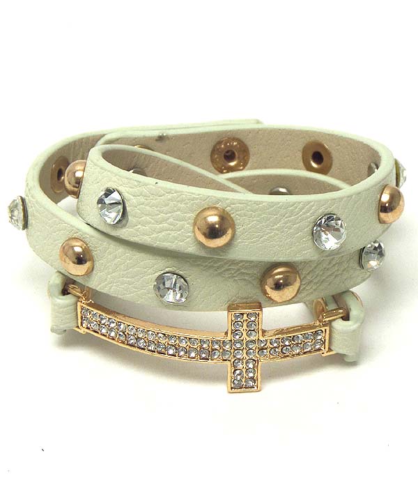 Crystal cross and leatherette wrap bracelet