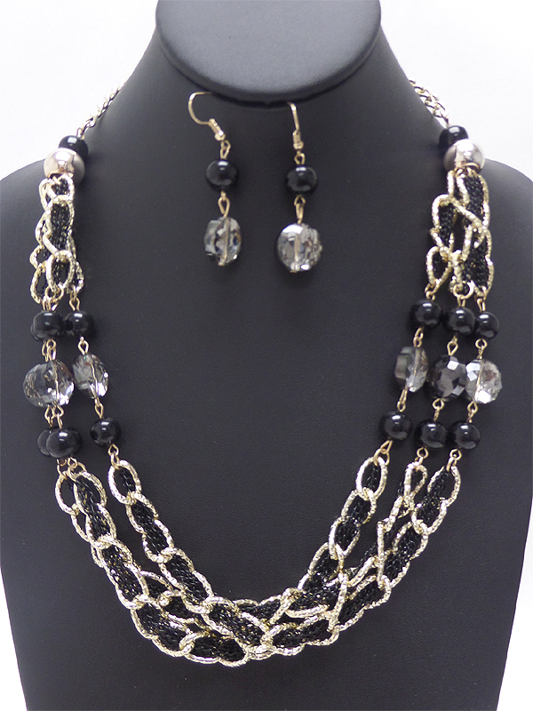 Multi chain and ball mix 3 layer necklace earring set