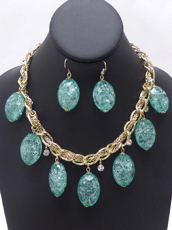 Multi icy oval stone dangle on mix chain necklace earring set