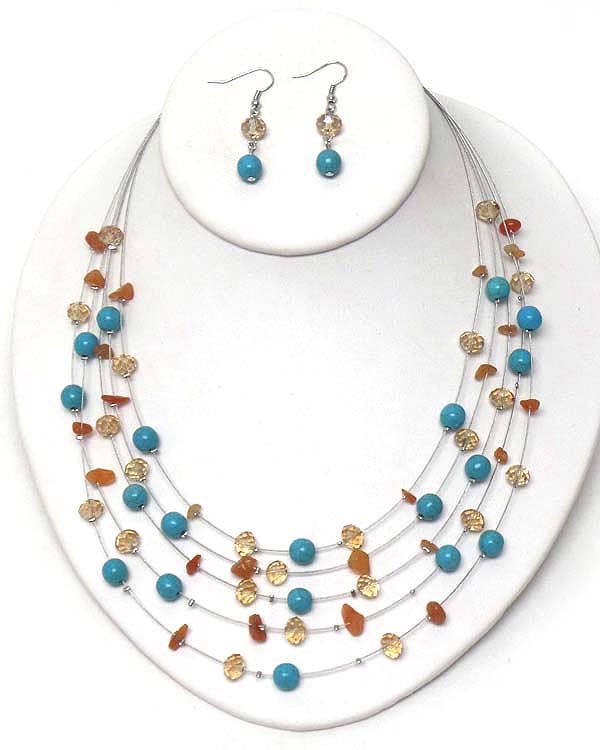 Multi turquoise ball and faux stone bead 5 layer wire illusion necklace earring set