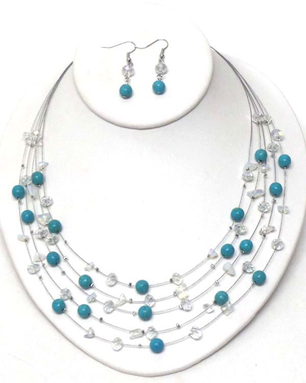 Multi turquoise ball and faux stone bead 5 layer wire illusion necklace earring set