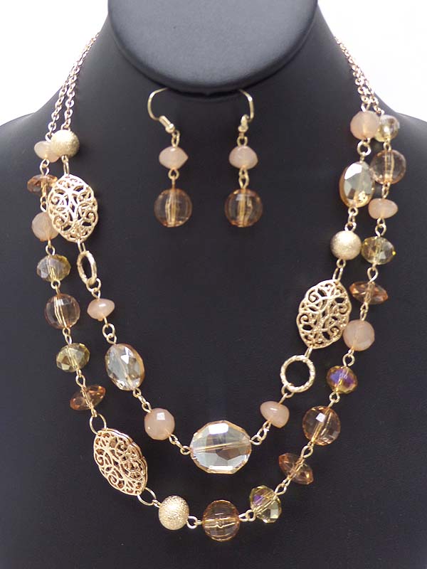 Metal filigree and multi facet acrylic ball 2 layer necklace earring set