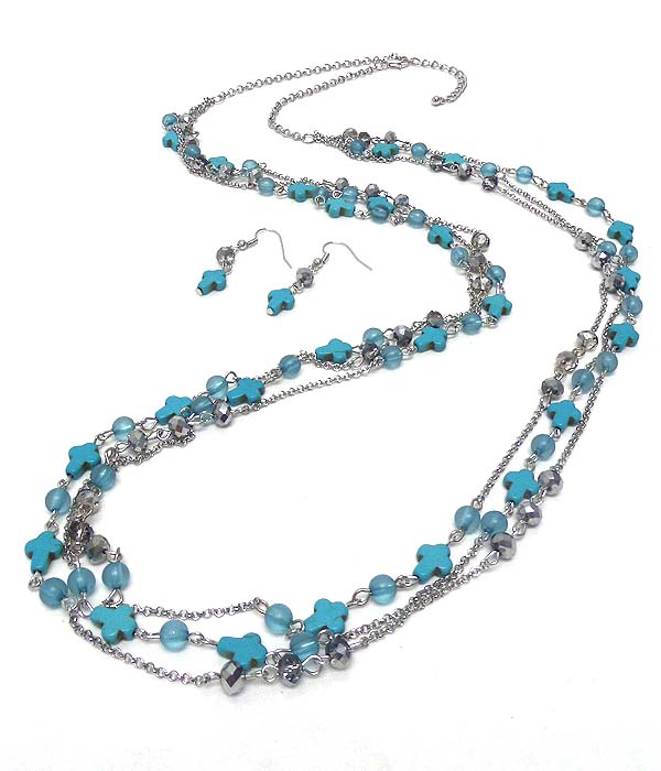3 layer multi turquoise cross and ball bead long necklace earring set