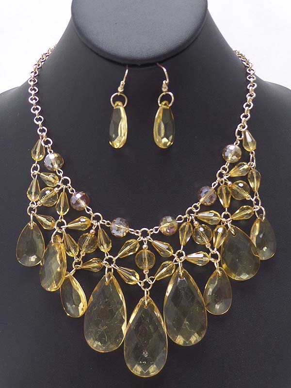 Multi tear drop acrylic stone drop bib style necklace earring set