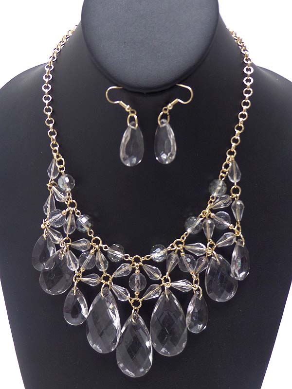 Multi tear drop acrylic stone drop bib style necklace earring set