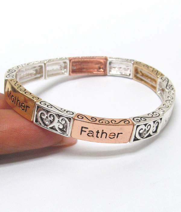 Mother father love metal textured stretch bracelet