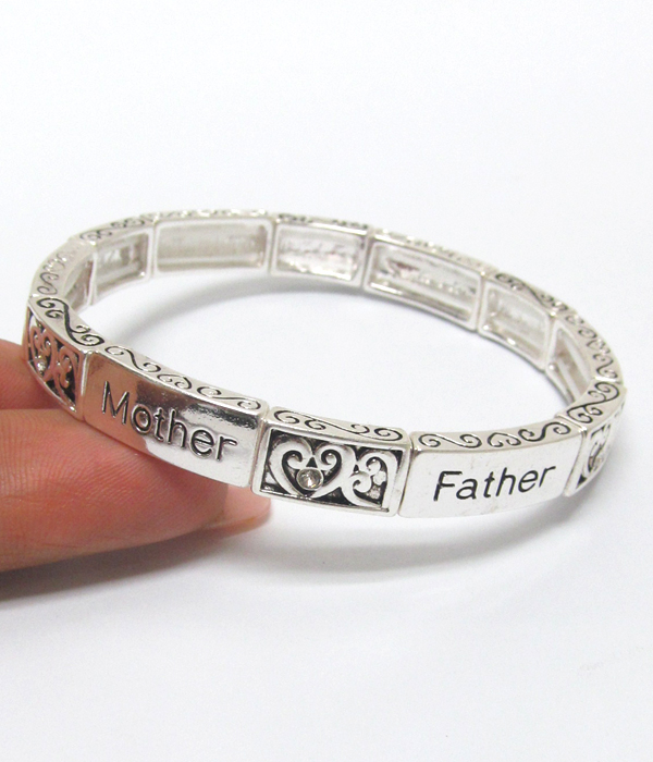 Mother father love metal textured stretch bracelet 
