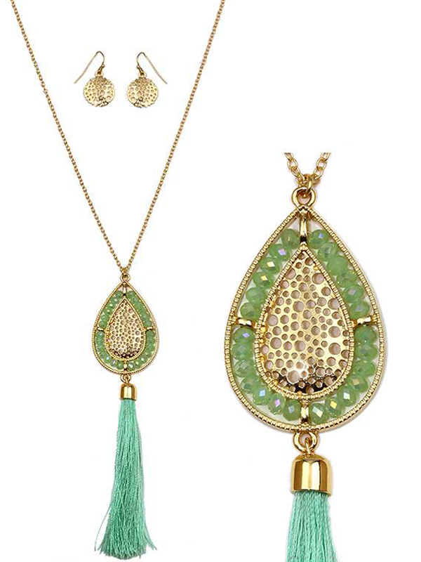 Teardrop metal filigree and glass bead and long tassel necklace set