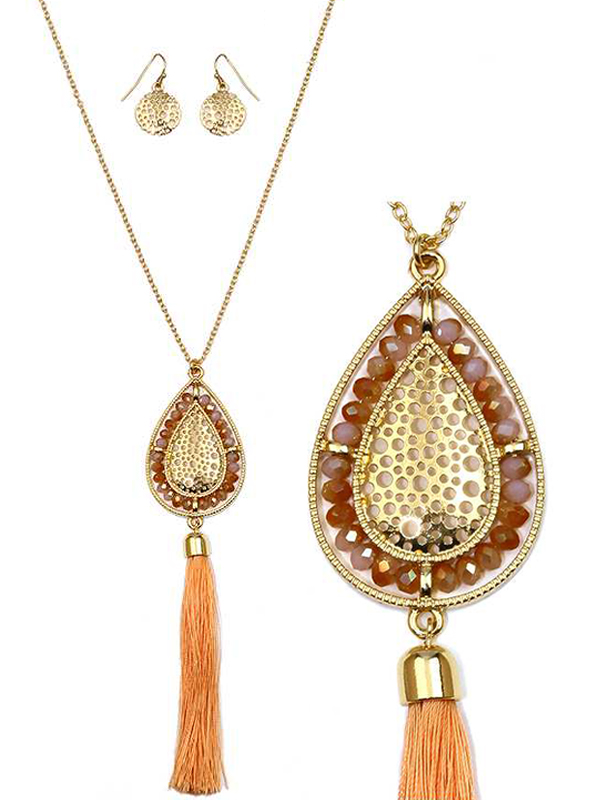 Teardrop metal filigree and glass bead and long tassel necklace set