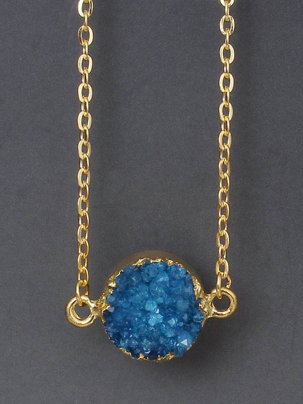 Gold wrap semi precious druzy stone pendant necklace - round