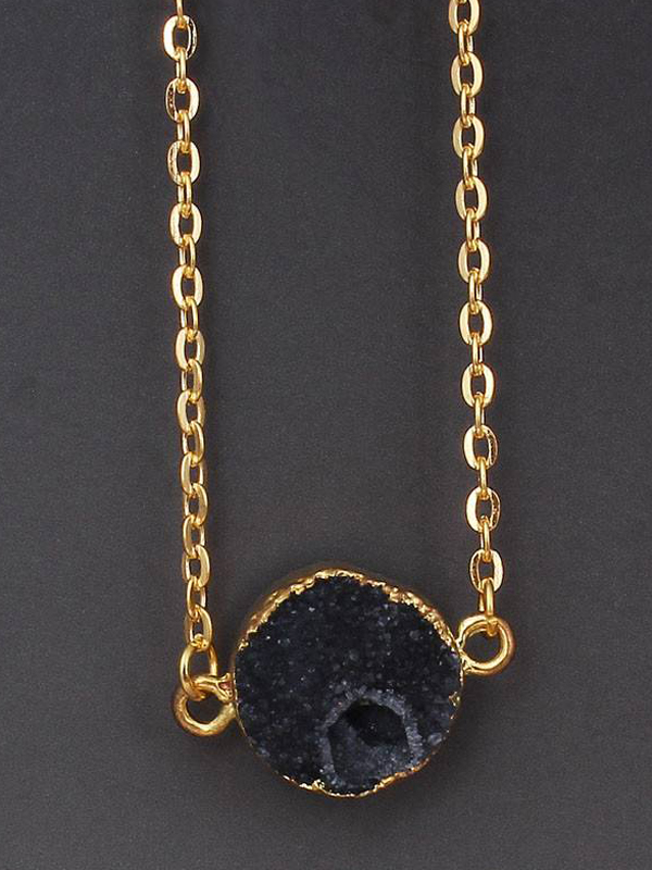 Gold wrap semi precious druzy stone pendant necklace - round