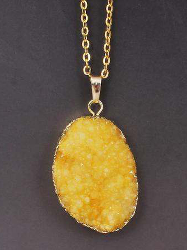 Gold wrap semi precious druzy stone pendant necklace - large oval