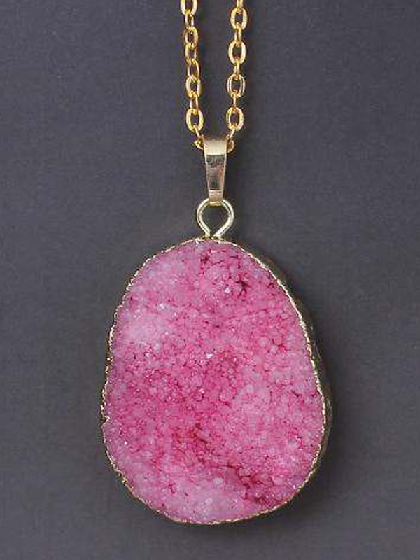 Gold wrap semi precious druzy stone pendant necklace - large oval