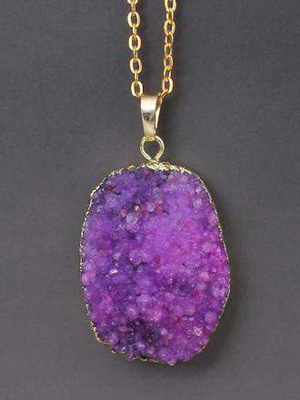 Gold wrap semi precious druzy stone pendant necklace - large oval